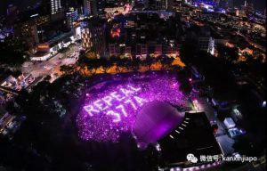 參與粉紅點活動支持同性戀的人群，這次在夜晚拿著熒光棒組成了巨型“REPEAL 377A”（廢除377A）的字樣。