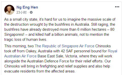 澳洲林火肆虐5亿动物惨死，新加坡国防部派空军援助