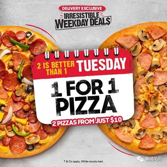 1-for-1 pizzas every Tuesday for delivery orders made online