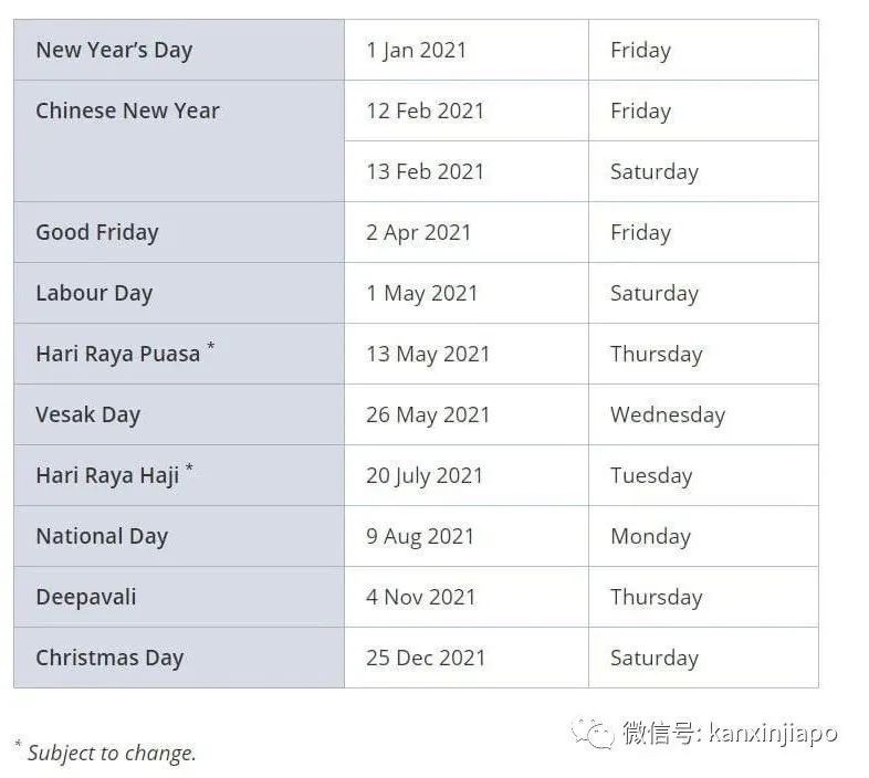 新加坡2021年公共假期，全览！共有4个长周末