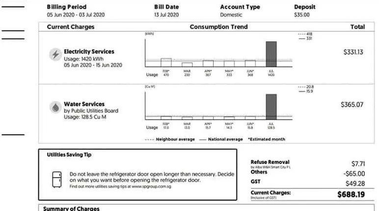 新加坡居民網上紛紛曬天價水電費賬單,高出往日三倍