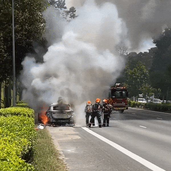 新加坡一天2起轎車自燃事件！火勢猛烈，女子失聲痛哭，寶馬燒剩廢鐵