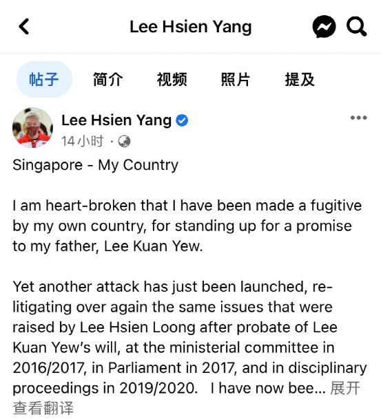 李光耀之女李玮玲的健康狀況不佳,李顯揚發文:再也見不到姐姐了