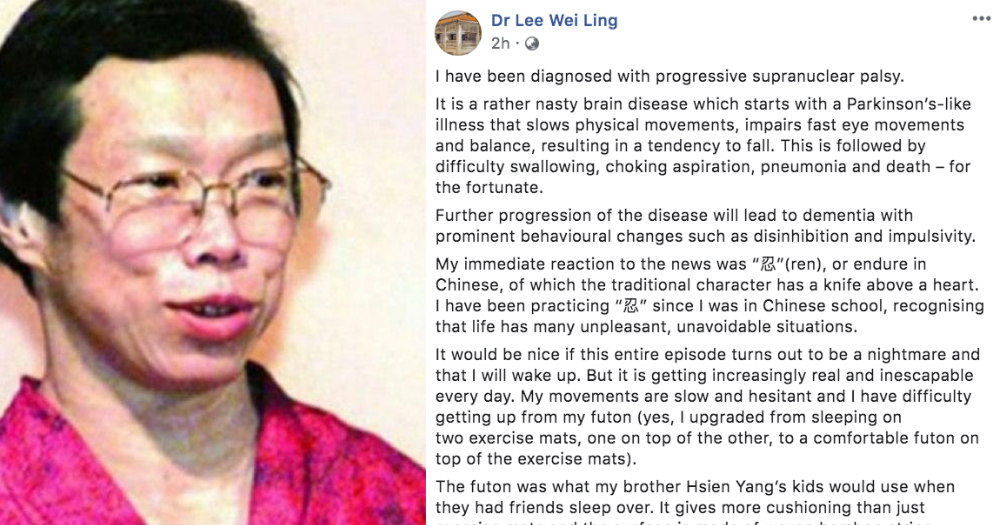 李光耀之女李玮玲的健康狀況不佳,李顯揚發文:再也見不到姐姐了