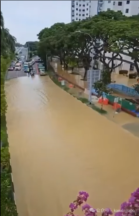 新加坡一组屋水管爆裂,附近道路淹成小河