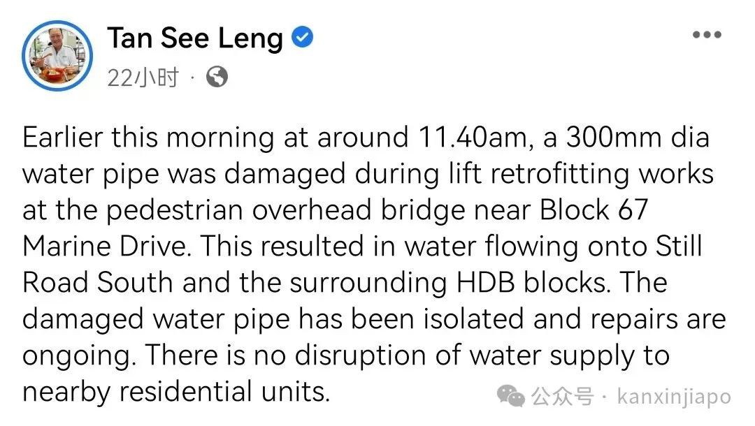 新加坡一组屋水管爆裂,附近道路淹成小河