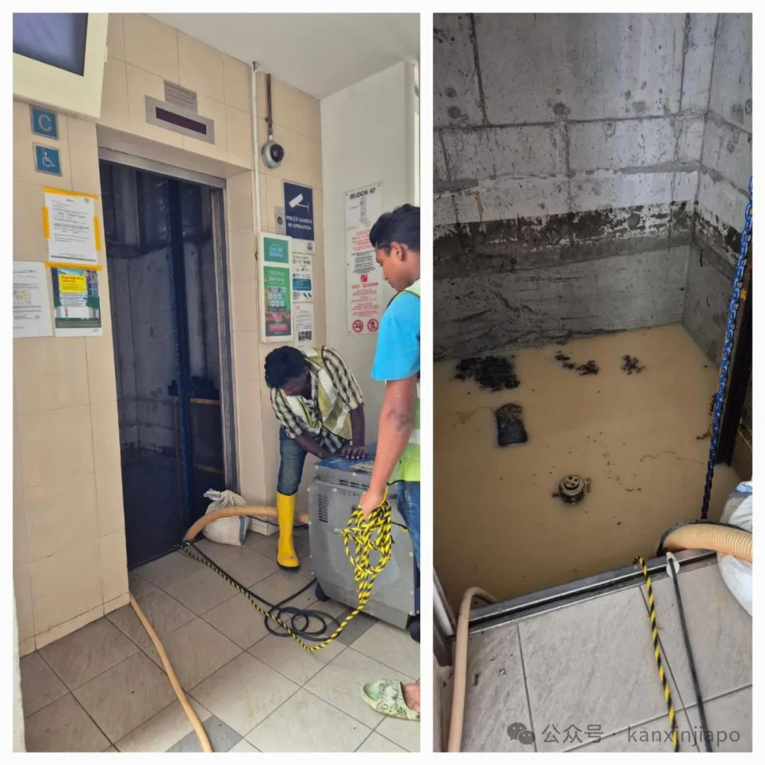 新加坡一组屋水管爆裂,附近道路淹成小河