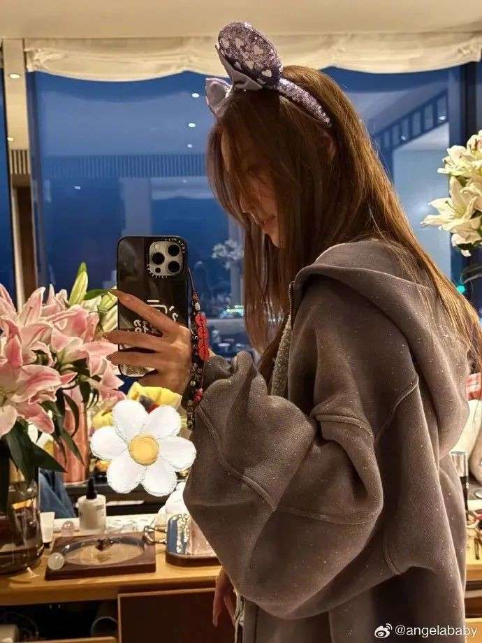 网友偶遇Angelababy带小海绵逛环球影城，小海绵露侧脸，鼻梁高挺