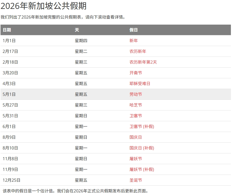 2026年新加坡公共假期出炉，有6个小长假