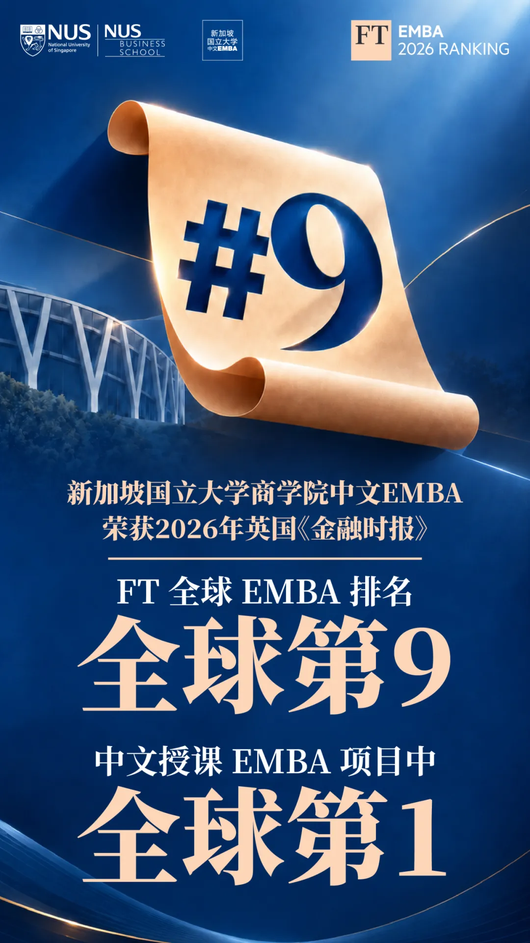 全球权威榜单发布！新国大EMBA跃居第9，中文项目QS与FT双榜全球第一！
